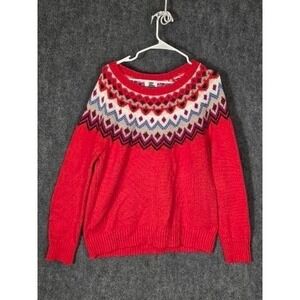 Womens XL Sweater Fair Isle Knit Crewneck Red Geometric Winter Top Old Navy